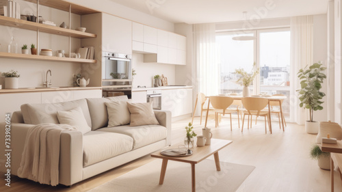 interior design spacious bright studio apartment in Scandinavian style and warm pastel white and beige colors. trendy furniture in the living area and modern details in the kitchen area