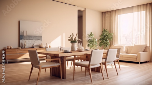 Modern interior design of apartment, dining room with table and chairs, empty living room