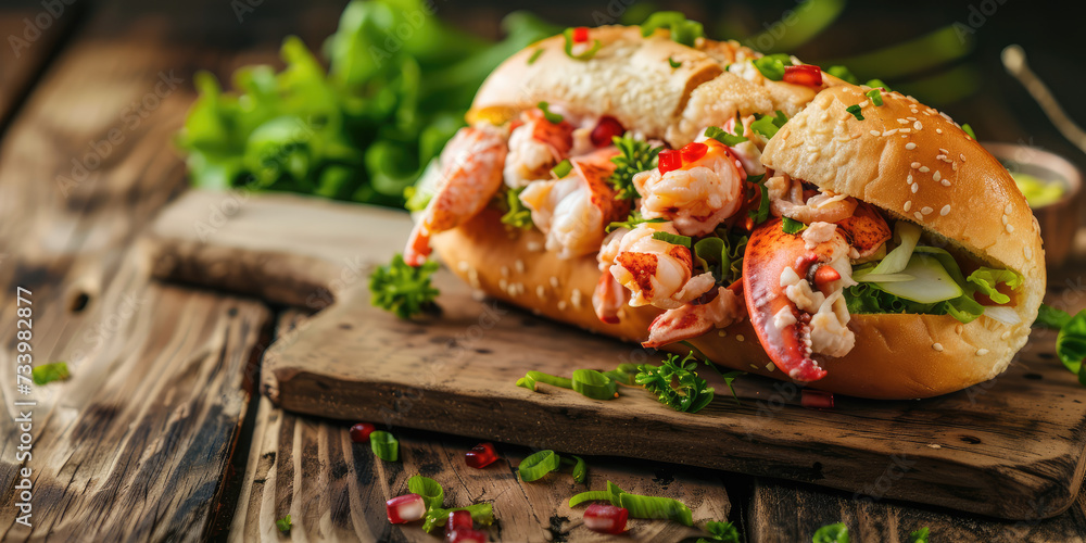 Deluxe Lobster Roll Sandwich. Fresh lobster roll loaded with succulent lobster meat on a bed of crisp lettuce, served on a toasted bun. Deluxe Lobster Roll Sandwich. Fresh lobster roll loaded with succulent lobster meat on a bed of crisp lettuce, served on a toasted bun.