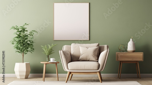 Stylish living room interior design  mock up poster frame frotte armchair wooden side table