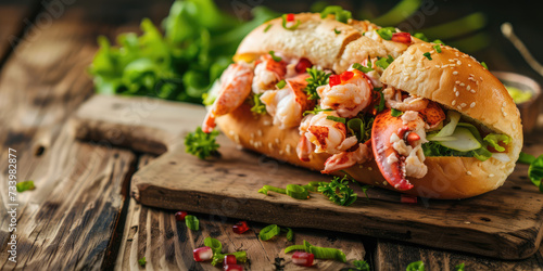 Deluxe Lobster Roll Sandwich. Fresh lobster roll loaded with succulent lobster meat on a bed of crisp lettuce, served on a toasted bun.