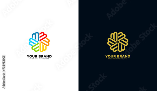 Circle letter m logo. Elegant, colorful design, icons of groups, friendship, flowers. Graphic vector illustration