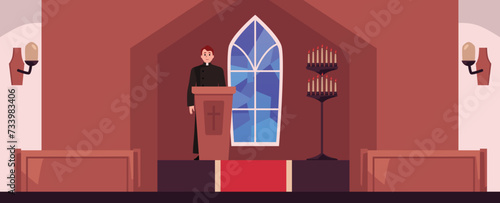 Catholic or Baptist Christian worship in church, flat vector illustration.