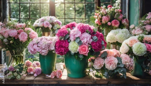 Many bouquets in the flower shop on the table of hydrangea, roses, peonies, eustoma in pink photo