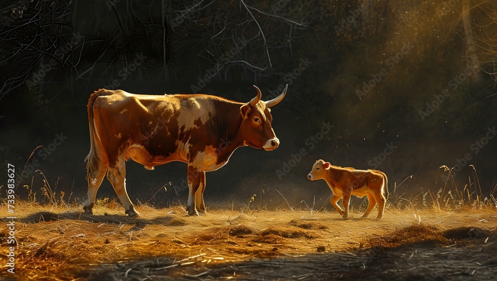 Tranquil farm scene: a mother cow with her calf in a misty field at ...