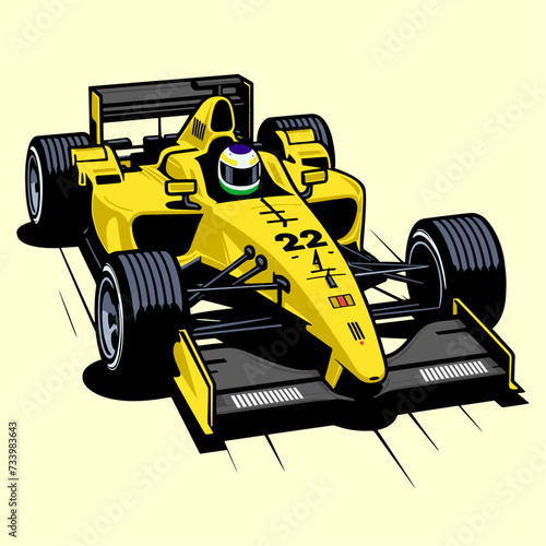 Classic yellow Formula 1 car fast speed V10 engine on the track grand prix 2000