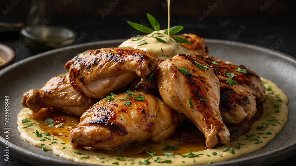 Chicken pieces in a rich blend of yogurt, spices, and creamy butter sauce before being grilled to perfection and highlight the textures and colors of the ingredients as they come together in harmony Chicken pieces in a rich blend of yogurt, spices, and creamy butter sauce before being grilled to perfection and highlight the textures and colors of the ingredients as they come together in harmony