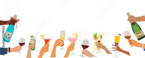Christmas, New Year border, background with different multiracial hands holding glasses with drinks, champagne bottle, sparkling wine, cocktails. Festive Vector design for banner, card, invitation.