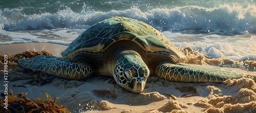 Majestic sea turtle on a sandy beach at sunset, nature and wildlife conceptual photo. AI