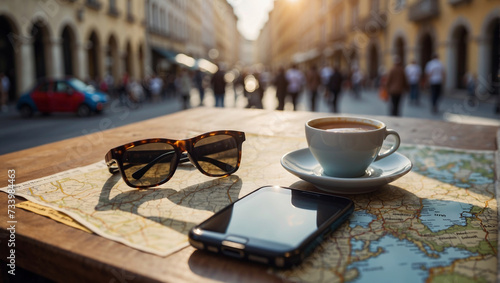Städetreise mit Kaffee, Karte und Smartphone auf Tisch