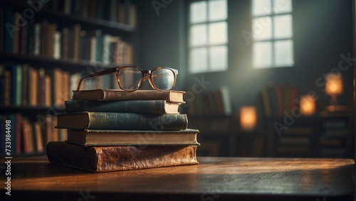 Stapel alter Bücher mit Brille auf Holztisch in Bibliothek photo