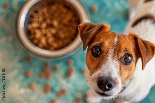 An attentive Jack Russell Terrier looks up expectantly, waiting to eat from a full bowl of dog food on green background..
