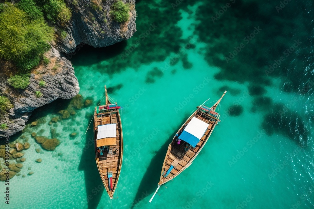Aerial View of Long Tail Boats and Snorkelers in Phuket, Thailand