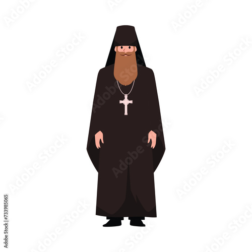 Priest in a black cassock with cross, vector Pastor or Pope standing isolated, Christianity religion, Orthodox prayer