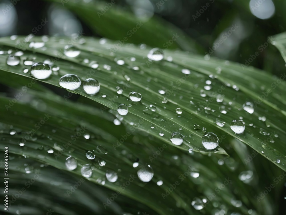 water drops on palm leaves, close-up