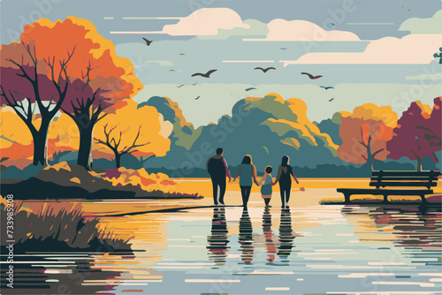 Vector illustration of a family walking on the lake in autumn park.