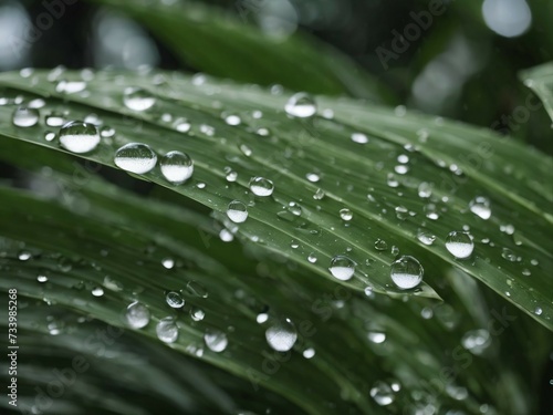 water drops on palm leaves, close-up