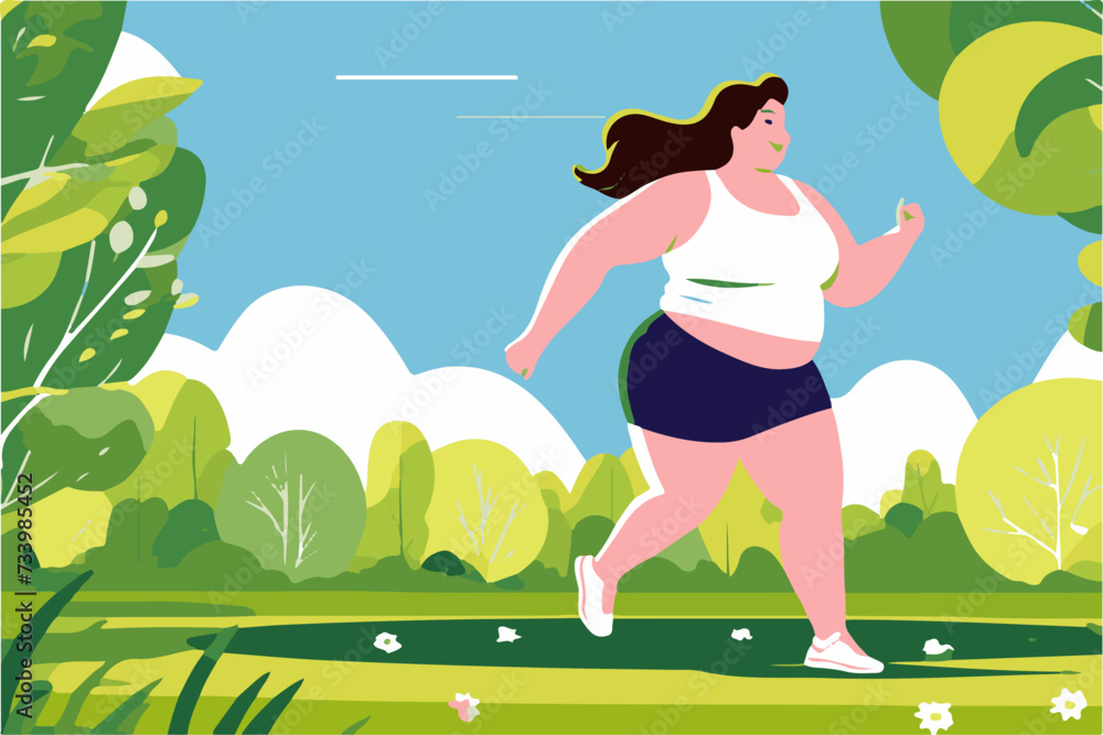 Fat woman running in the park. Vector illustration in flat style.