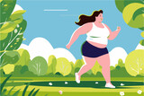 Fat woman running in the park. Vector illustration in flat style.