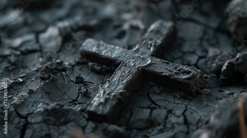 Christian cross and ash as symbol of religion, sacrifice, redemption of Jesus Christ. Ash Wednesday concept