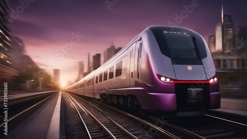 train in the city _A rapid train that zooms through a urban area at dusk. The train is silver and red, and has a smooth look 