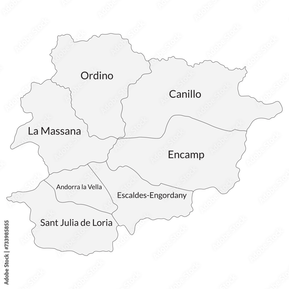 Andorra map. Map of Andorra in administrative provinces