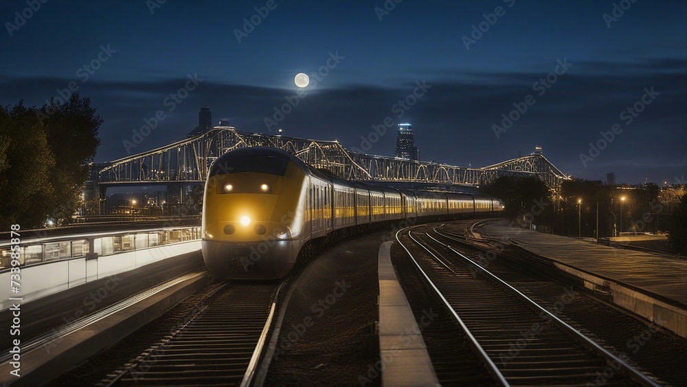 night view of the bridge _A quick train that races through a city at twilight. The train is silver and yellow,  