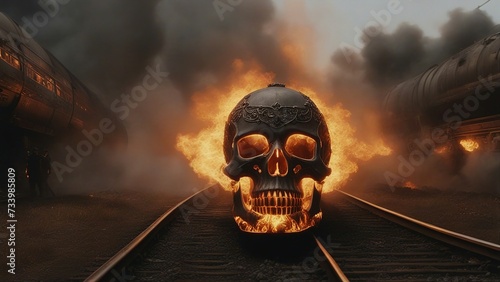 skull and fire demon skull fames train!!!! epic long  skull train on fire!!!   photo