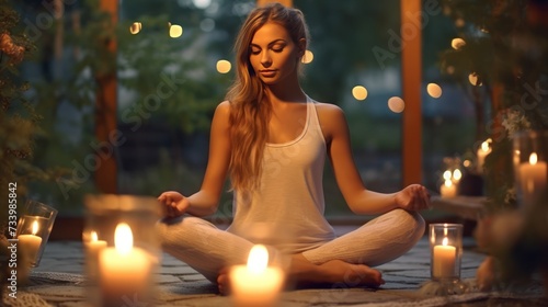 Front view full body portrait of a relaxed woman doing yoga exercise in the night at home with candles  A young woman doing a yoga with candles in spring evening garden