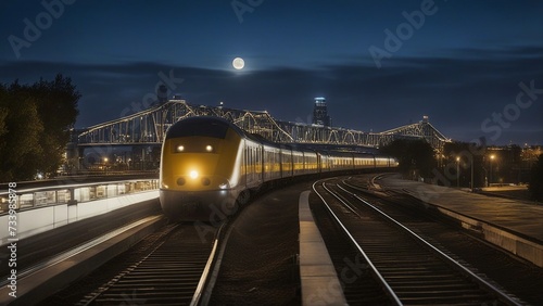 night view of the bridge _A quick train that races through a city at twilight. The train is silver and yellow, 