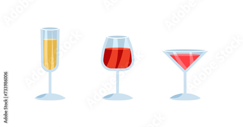 Glasses icon set. Glasses for alcohol. Flat style. Vector icons