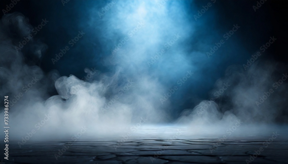 Dark empty street background, blue lighting and white smoke on the ground. Dark empty street background, blue lighting and white smoke on the ground.