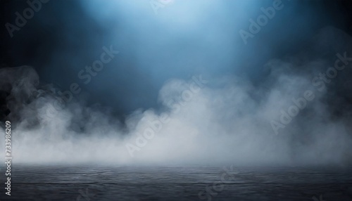 Dark empty street background, blue lighting and white smoke on the ground.