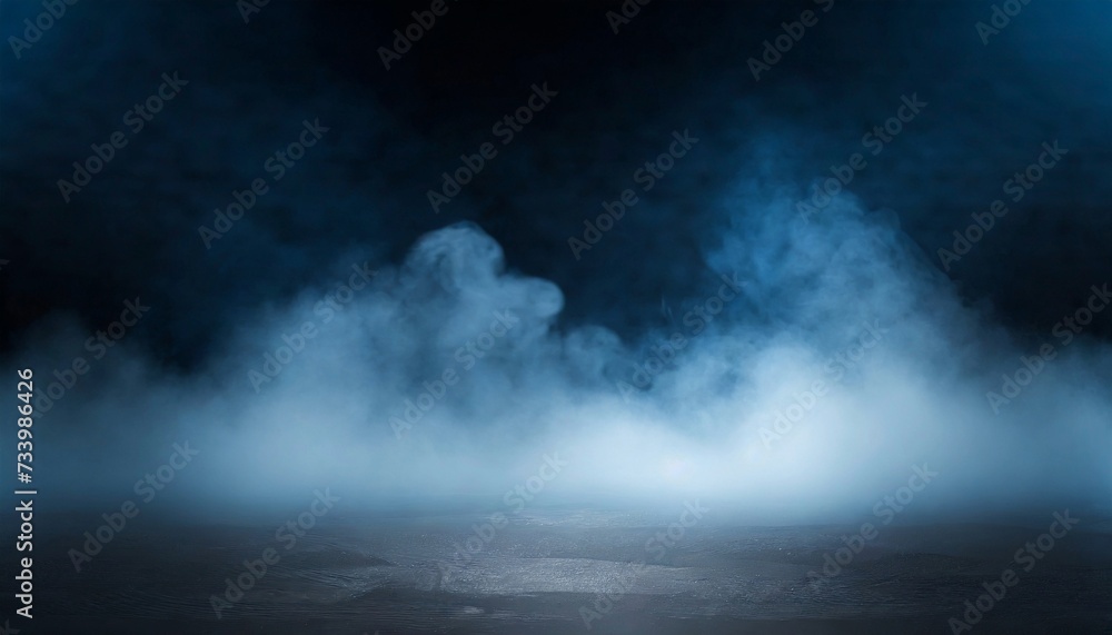 Dark empty street background, blue lighting and white smoke on the ground.