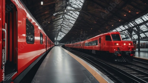 train in motion blur _A bright red train that contrasts with the dull railway station. The train is fast and elegant, 
