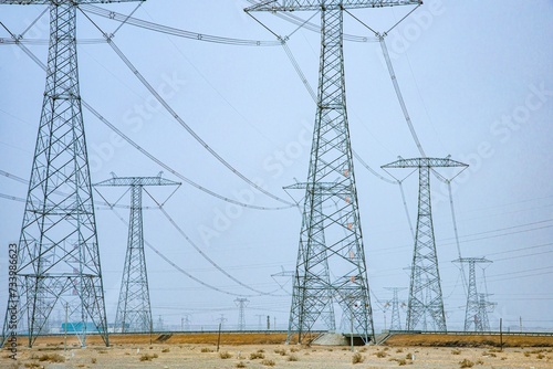 Jiuquan City, Gansu Province - High voltage wires and power towers photo