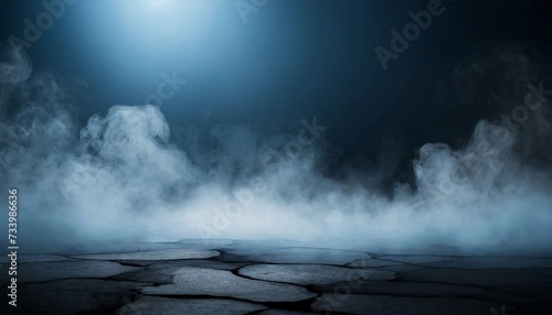 Dark empty street background, blue lighting and white smoke on the ground. © hardvicore