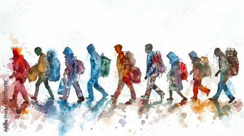 Vibrant painting of a group of refugees in motion.