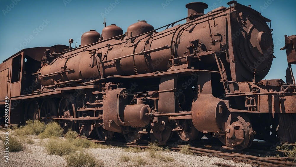 Naklejka premium old steam locomotive An old steam locomotive train that has been abandoned and forgotten in a junkyard.