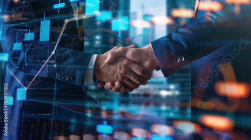 Partnership. business man investor handshake with graph chart stock market diagram and city background, global network link connection, digital technology, internet communication, teamwork concept