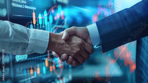 business man investor handshake with graph chart stock market diagram and city background, global network link connection, digital technology, internet communication, teamwork, partnership concept