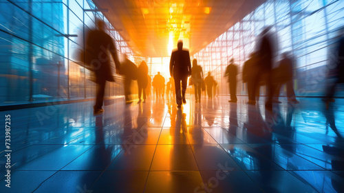 Background. abstract motion blur image of business people crowd walking at corporate office building in city downtown  blurred background  travel  business center concept