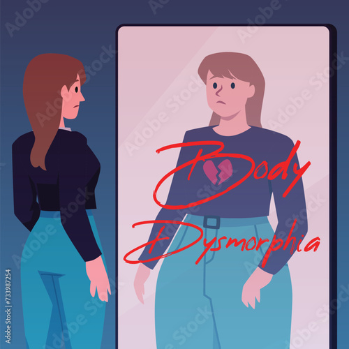 Cartoon sad skinny woman look in mirror and see fat obese reflection, Body dysmorphia vector poster, Eating disorder