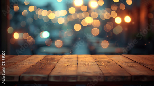 Advertising Campaign. empty brown wooden floor or wood board table with blurred abstract night light bokeh at restaurant in city background, copy space for display of product or object presentation
