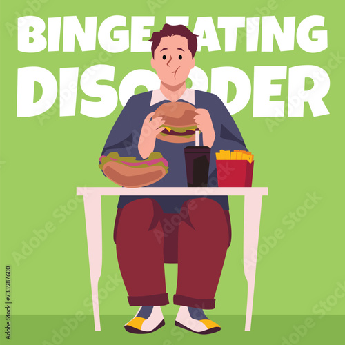 A man at a table eats fast food. Vector illustration of compulsive overeating disorder.