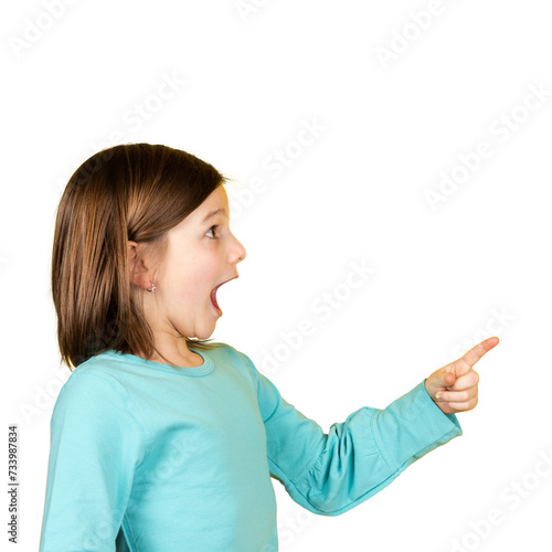 Surprised little girl pointing at side