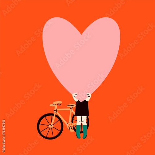 Cute tiny character holding big blank Heart. Small person with bicycle and giant heart. Cartoon style. Hand drawn Vector illustration. Love, Valentine's day, romance concept. Isolated design template