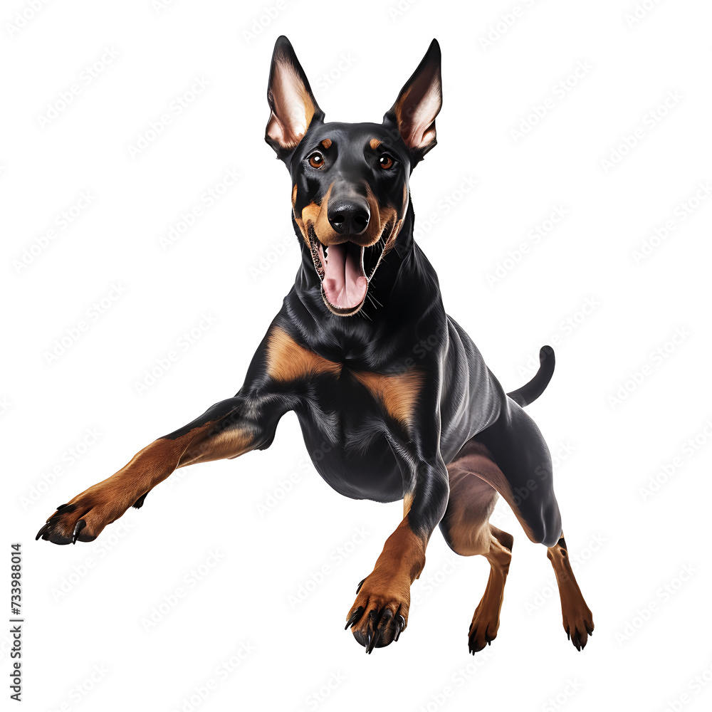 Healthy Dobermann dog jumping on transparent background PNG