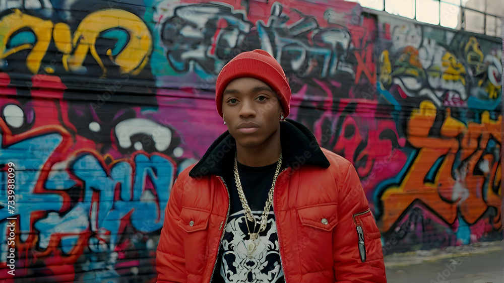 A fashionable young man in a red beanie and jacket stands confidently against a vibrant backdrop of urban street art and graffiti