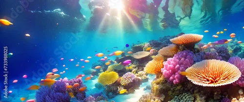 Underwater serenity meets the vibrant flamboyant life of a coral reef. A split-view of an underwater scene showcasing the beauty of tropical aquatic life. Great barrier reef in Australia. photo